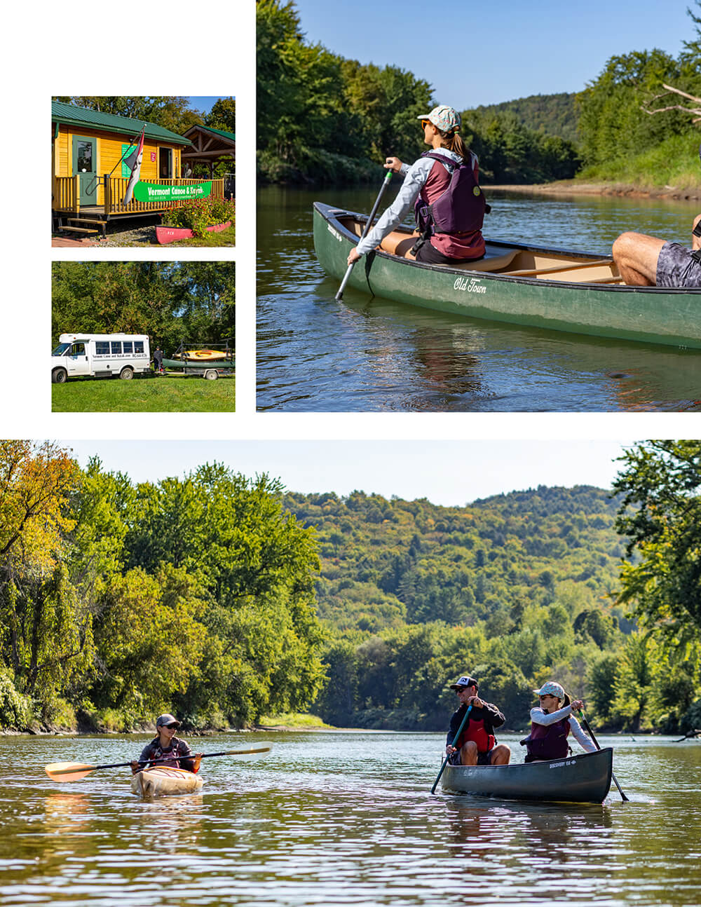 Collage photo of Vermont Canoe, canoe rental shuttle, couple in a canoe on the river, and a family on the river in canoes