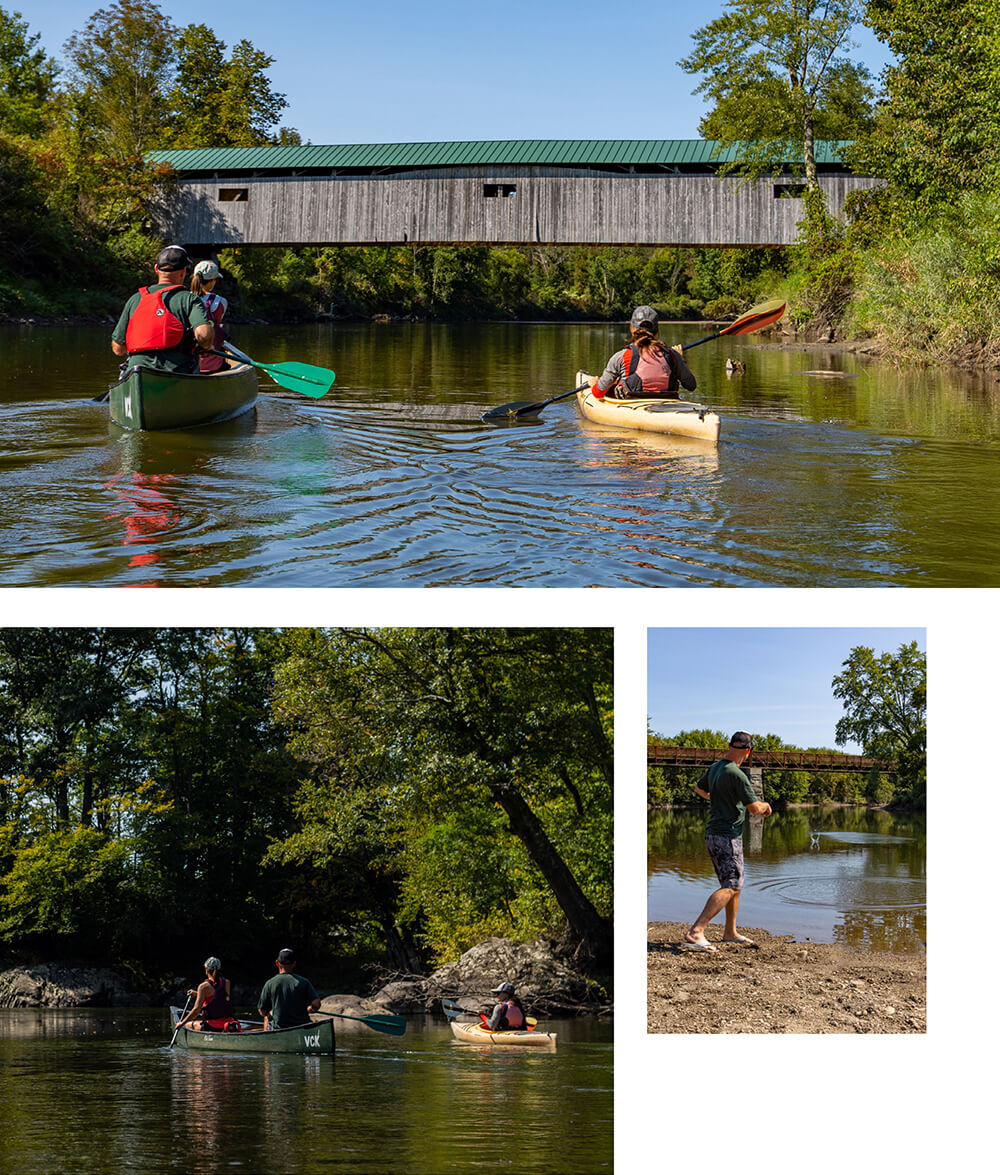 Collage photo of a family on a river and a man skipping rocks
