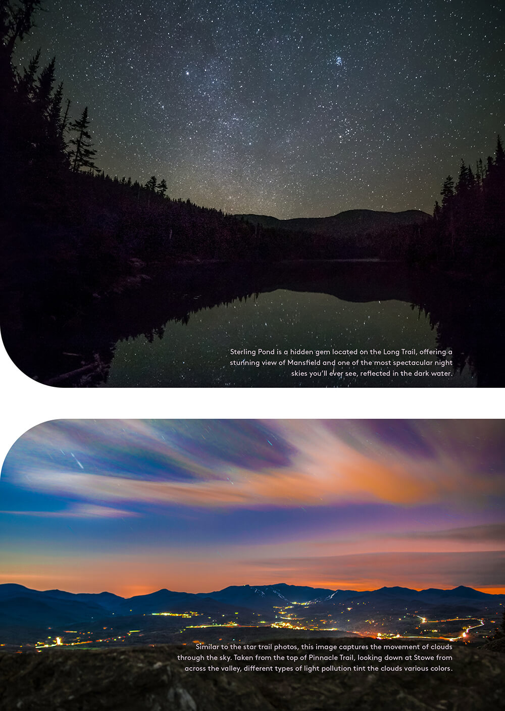 Two images at night, one over an alpine lake and one over a city