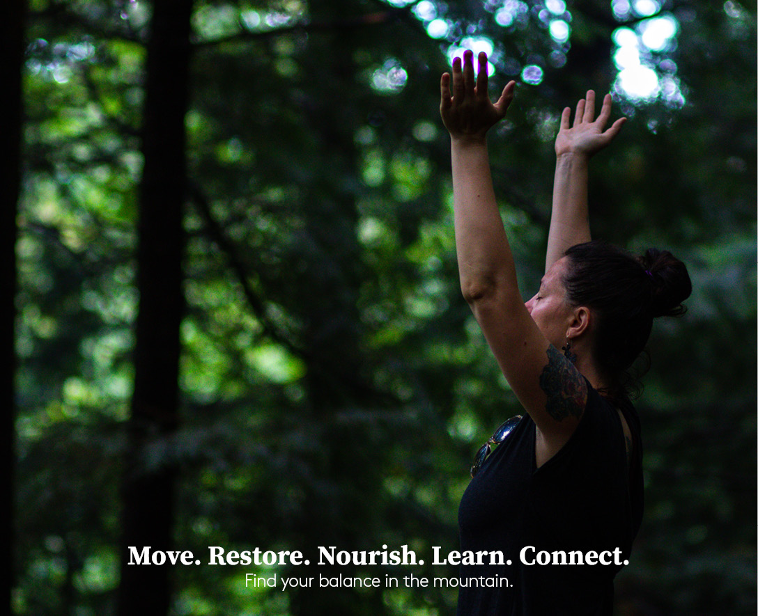 image of a woman forest bathing with text of the pillars of Women's Wellness Weekend: Move, Restore, Nourish, Learn, Connect