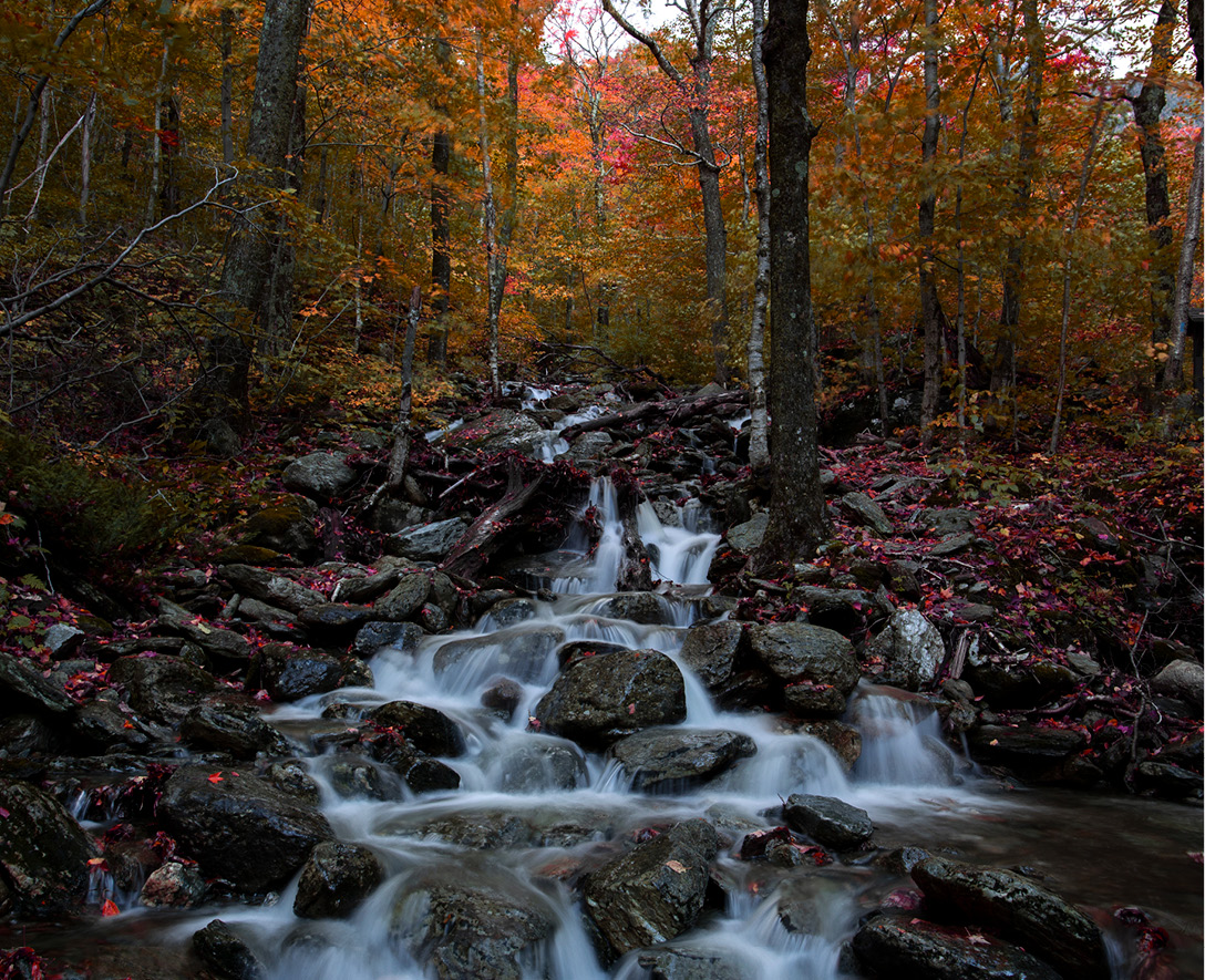 a stream of water running over smooth rocks in the fall landscape